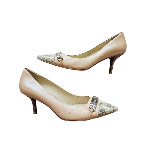 Coach Women's Leather Tan and Cream Chain Detail Heels Shoes Size 6.5 - Picture 1 of 9
